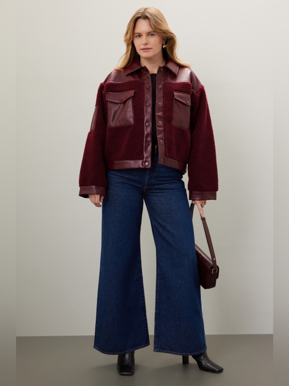 Women's Burgundy Sherpa & Leather-Trim Jacket